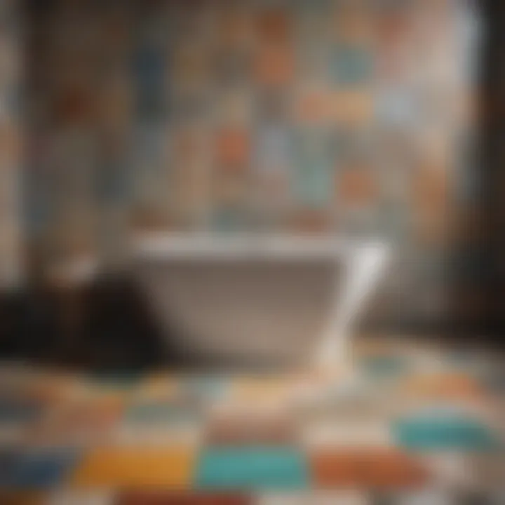 A creative display of upcycled bathroom tiles arranged artistically.