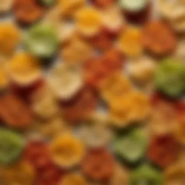 Artistic Arrangement of Dehydrated Vegetable Chips Dehydrated vegetable chips arranged in a geometric pattern