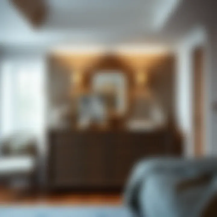 Stylish dresser with decorative elements enhancing bedroom ambiance.