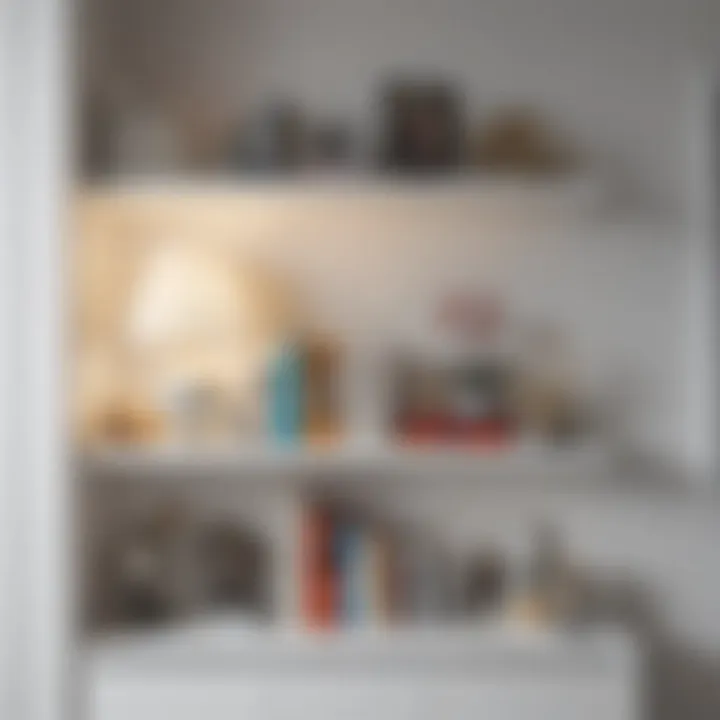 Creative Book and Decor Arrangement on White Shelving Creative arrangement of books and decor on white shelving units in a cozy bedroom