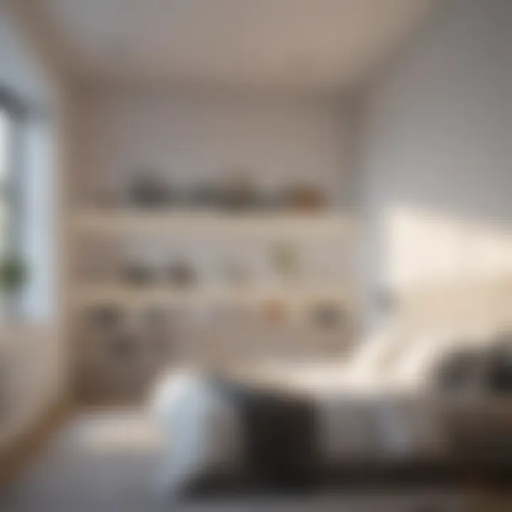 Minimalist Bedroom with White Shelving Minimalist bedroom featuring white shelving units with ambient lighting