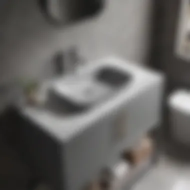 Close-up of sink integrated into a stylish grey vanity