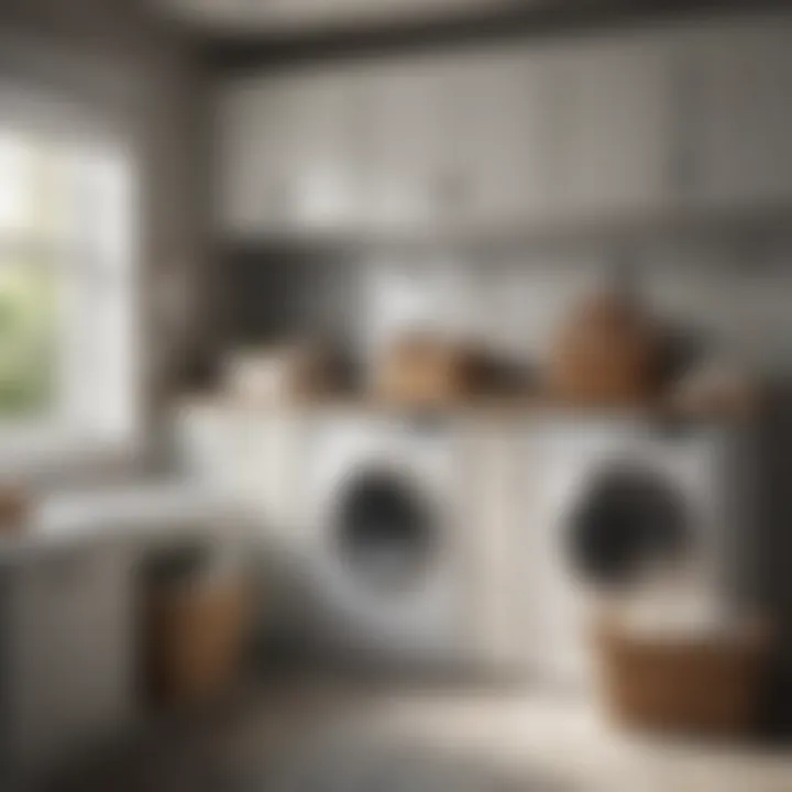 Organized laundry room featuring square hampers with lids