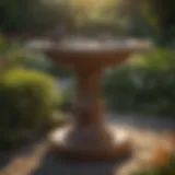 Elegant wood look bird bath in a serene garden setting