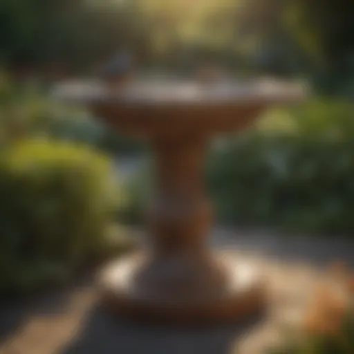 Elegant wood look bird bath in a serene garden setting