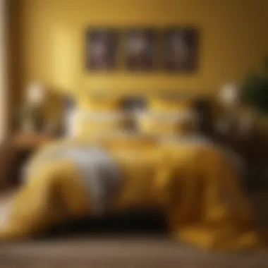 A cozy bedroom featuring various shades of yellow textiles and furnishings.