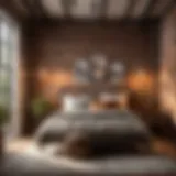 Industrial farmhouse bedroom with exposed brick wall and metal bed frame
