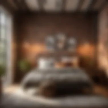 Industrial farmhouse bedroom with exposed brick wall and metal bed frame