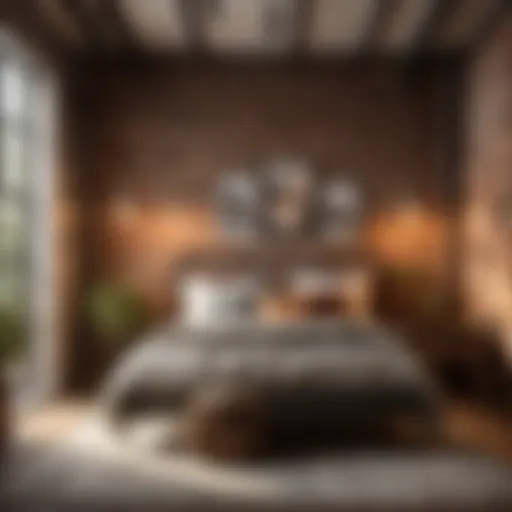 Industrial farmhouse bedroom with exposed brick wall and metal bed frame