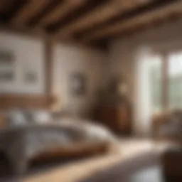 Cozy farmhouse bedroom with wooden beams and soft linens