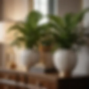 Faux plants in decorative pots on dresser