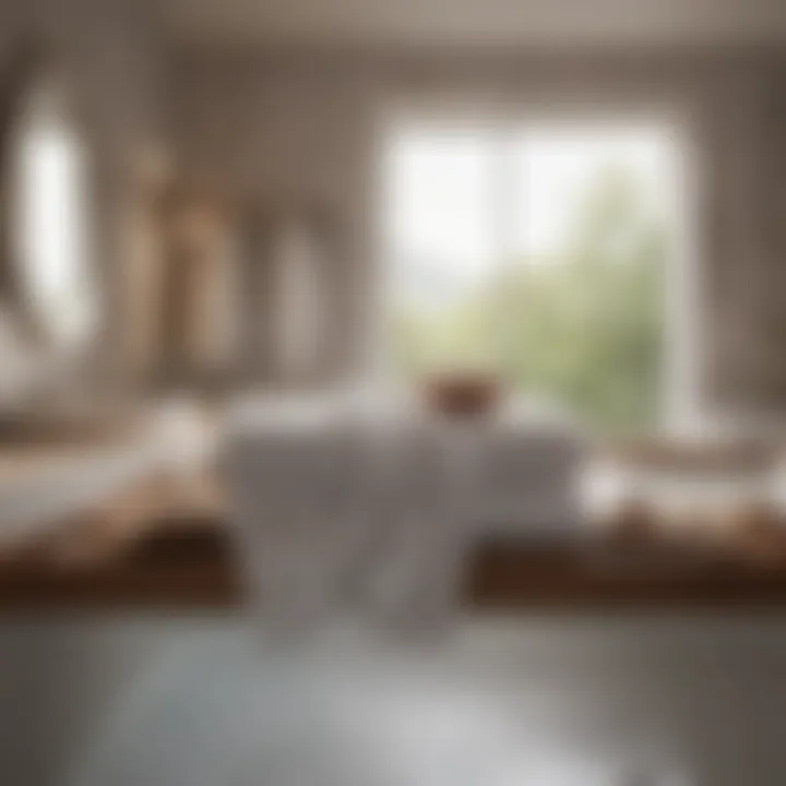 Fluffy white towels on a wooden tray near a filled bathtub