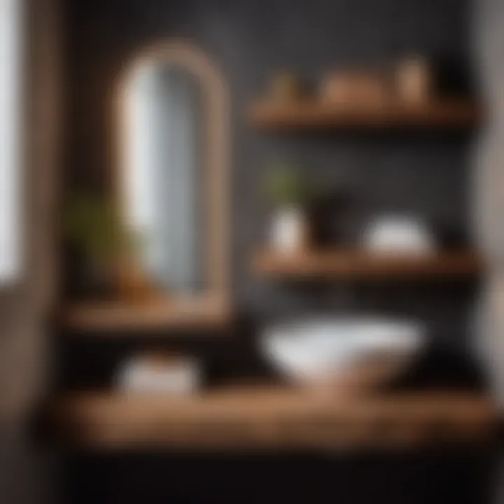 Cozy bathroom ambiance enhanced by rustic wooden floating shelves