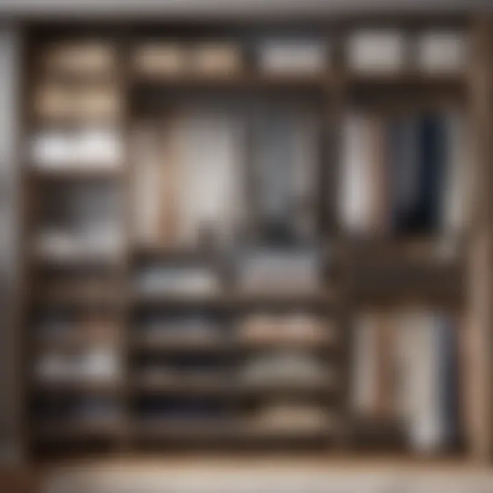 Closet shelves neatly arranged with various folded laundry organizers