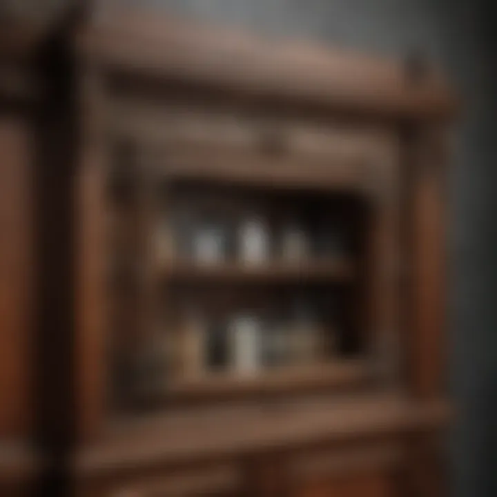 Vintage-inspired bathroom wall cabinet with intricate woodwork and antique finish