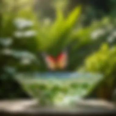 Glass Butterfly Bird Bath Surrounded by Greenery