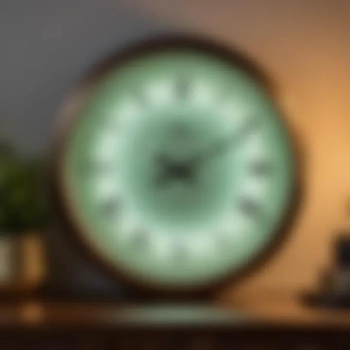 Close-up of glow in the dark clock face in dimly lit room