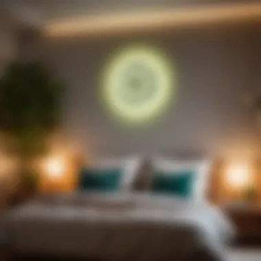 Person admiring the glow in the dark wall clock in a cozy bedroom setting