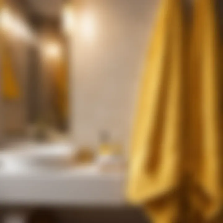 Golden yellow bath towels elegantly draped over a modern bathroom rack