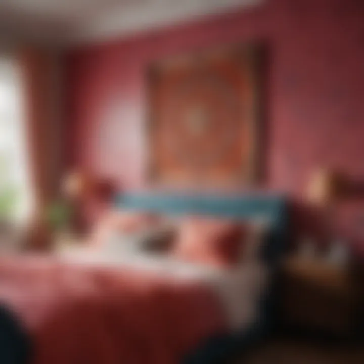 Colorful wall art arrangement creating a vibrant guest room atmosphere