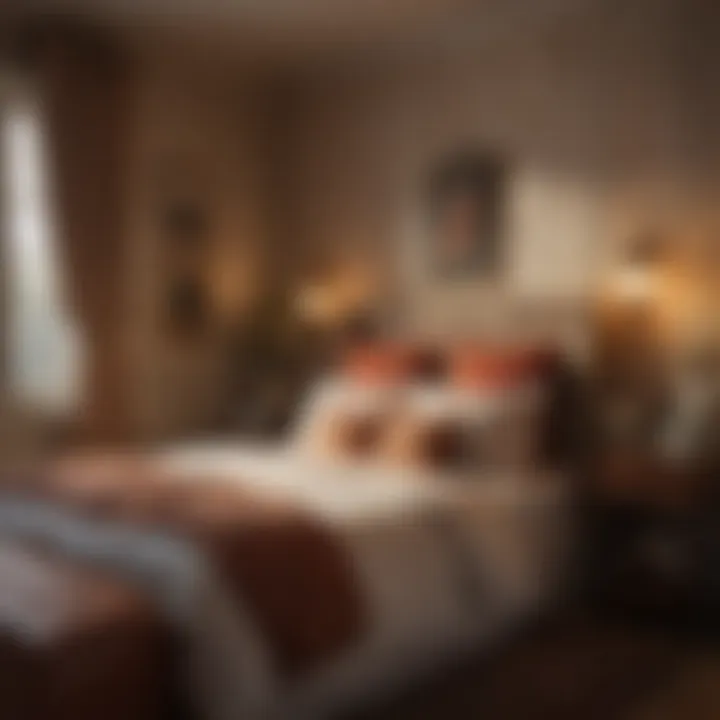 Cozy guest room with thematic wall decorations and soft lighting