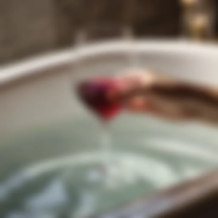 Graceful touch of elegance in bath time Hand reaching for wine glass during bath relaxation