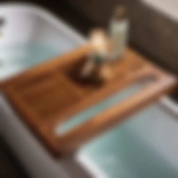 Close-Up of Handcrafted Teak Wood Bathtub Caddy Details