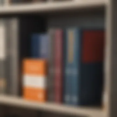 A close-up of labeled storage bins and organized books on a shelf.