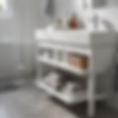 Minimalist white plastic bath stool with storage shelf