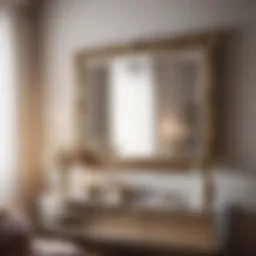 Elegant wall mirror reflecting bedroom decor