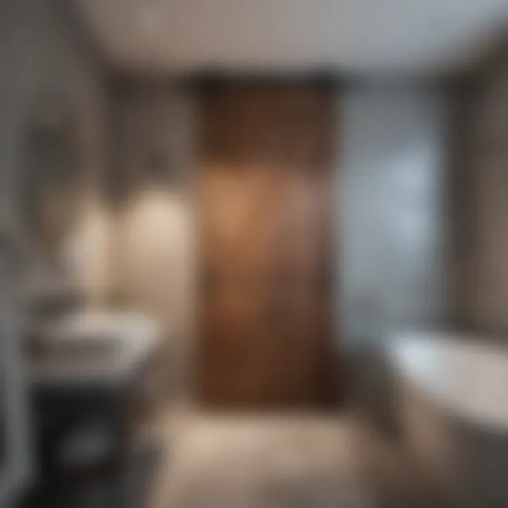 Contemporary barn door with sleek hardware showcased in a bathroom