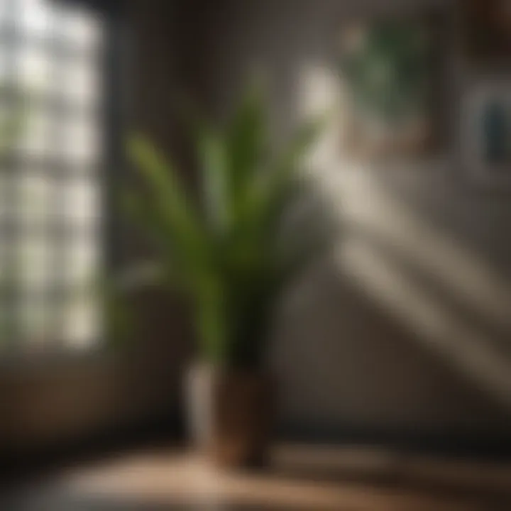 A lush snake plant thriving in a dimly lit corner.