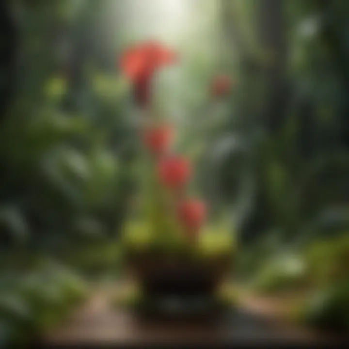 A pitcher plant filled with water and surrounded by lush green foliage.