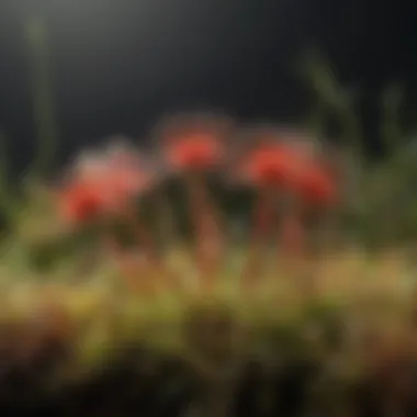A close-up of a sundew plant with glistening tentacles capturing tiny insects.