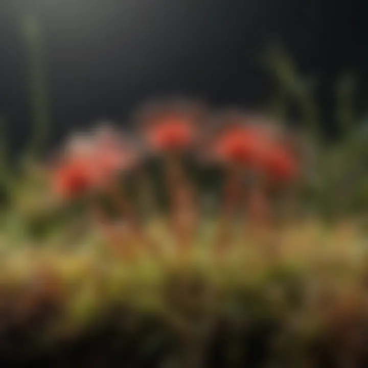 A close-up of a sundew plant with glistening tentacles capturing tiny insects.