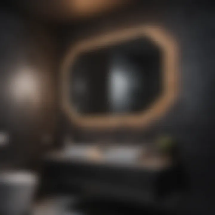 Chic industrial bathroom with black tiles and geometric lighting