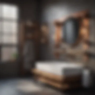 Stylish industrial bathroom showcasing copper plumbing and wooden shelves