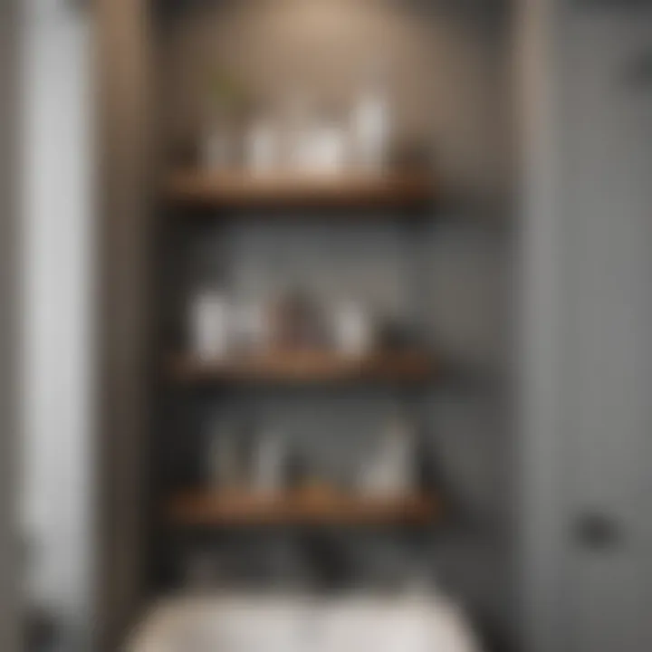 Space-Saving Tiered Shelving Compact storage solution with tiered shelving in a small bathroom