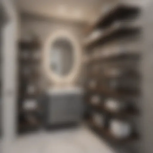 Stylish open shelving unit in a modern bathroom closet