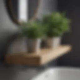 Elegant wooden shelf with decorative plants in a modern bathroom