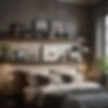 Creative use of wall art and shelving to enhance bedroom design