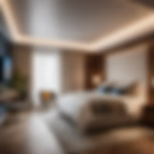Elegant bedroom with ceiling mounted TV