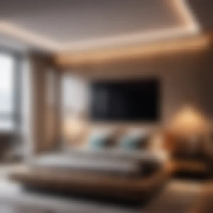 Modern bedroom design with suspended TV