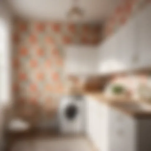 Modern laundry room with floral accent wallpaper