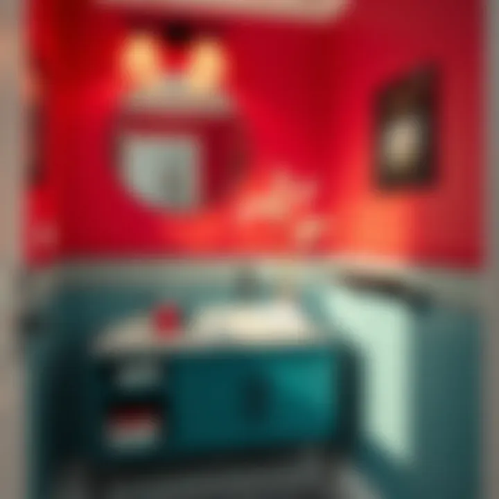 Contemporary small bathroom vanity featuring bold colors