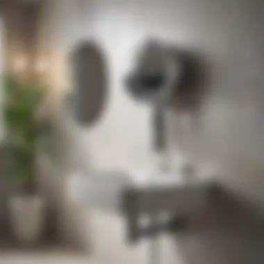 Elegant Wall-Mounted Hair Dryer Storage Stylish wall-mounted hair dryer holder in a modern bathroom