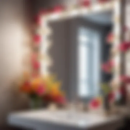 Elegantly tilted rectangular bathroom mirror with floral accents