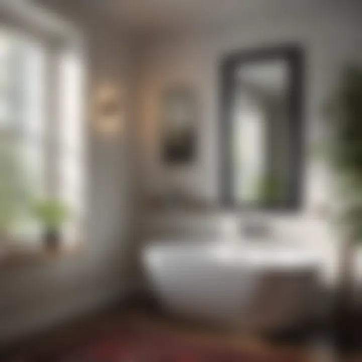 Installation of black framed bath mirror in a contemporary setting