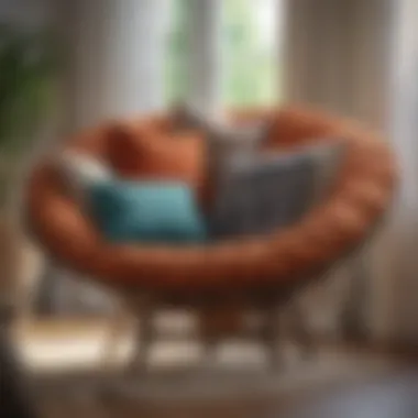 Close-up of a cozy papasan chair with decorative pillows