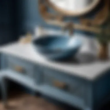 Close-up of intricate detailing on dusty blue vanity